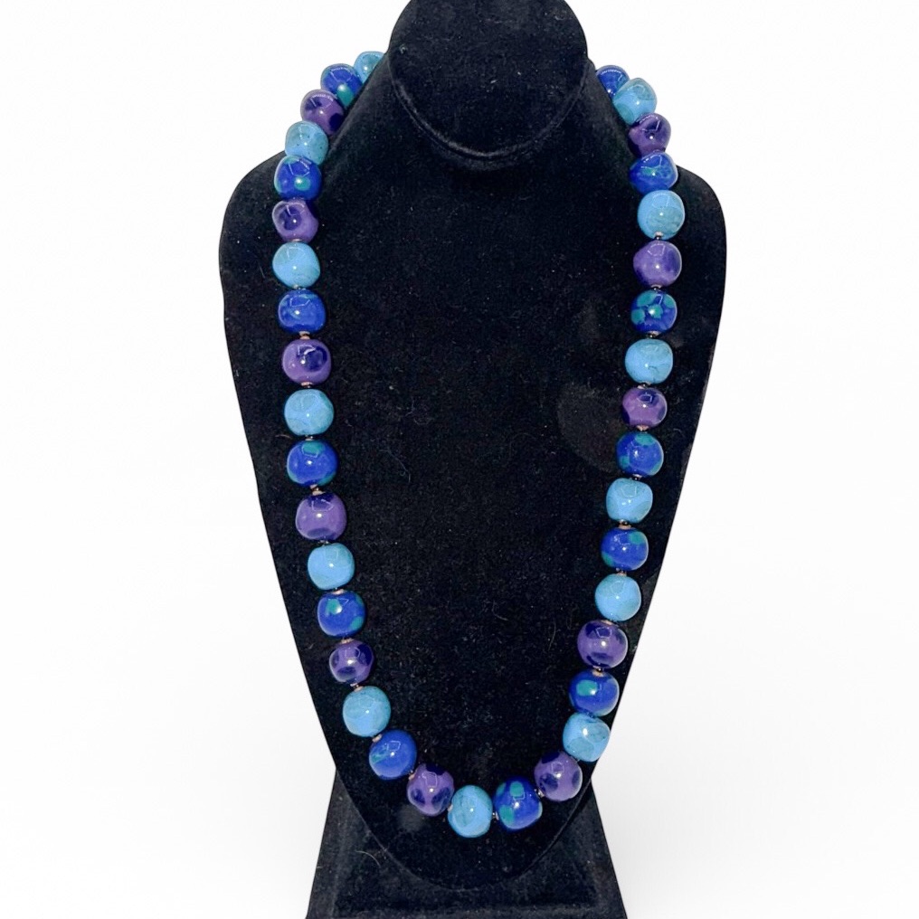 Vintage Handcrafted Blue Glazed Ceramic Polka Dots Beaded Necklace 60$